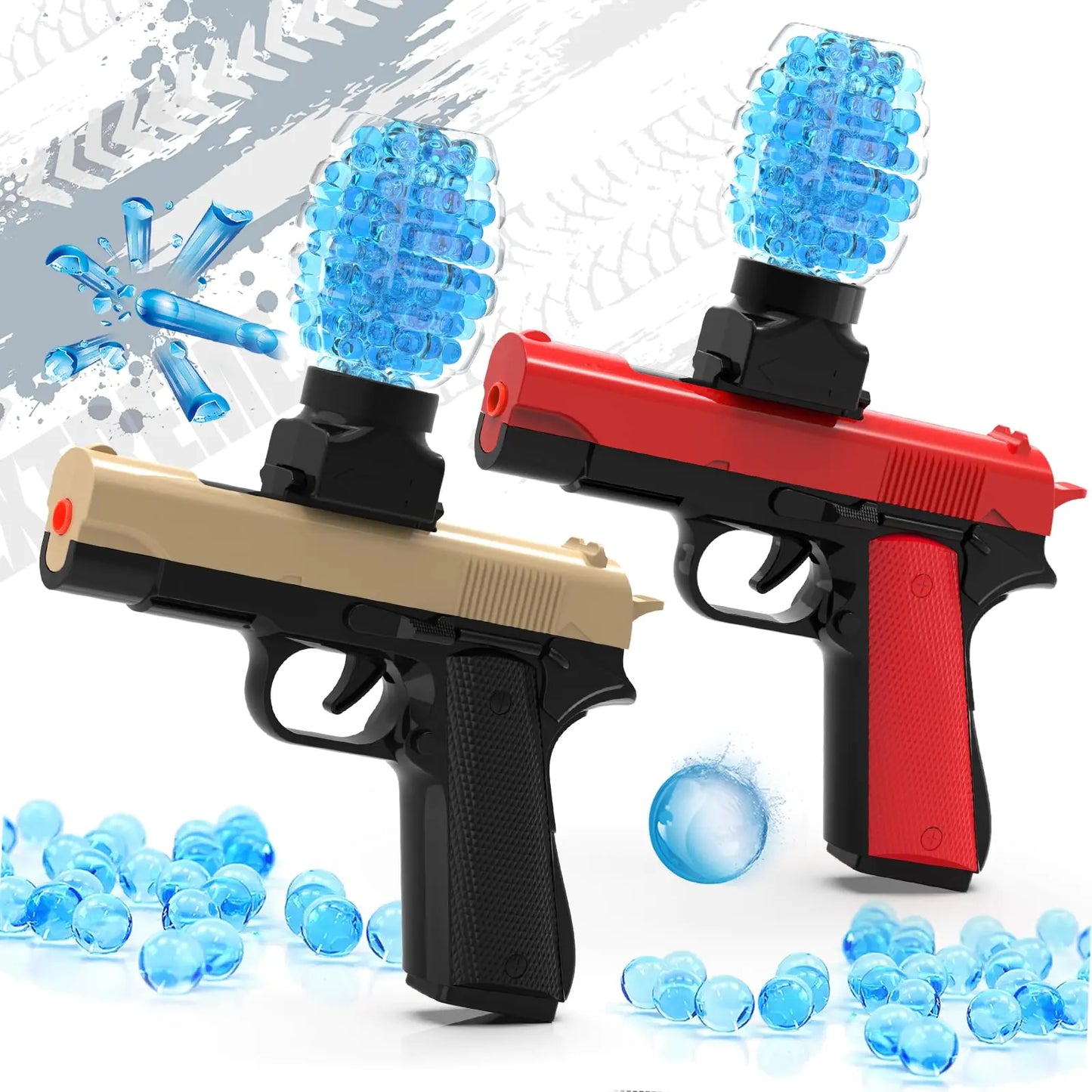 QOGELY 2 Pack Gel Ball Blaster Guns Small Manual Splat Orby Gun Gel Splatter Blaster for Adults Outdoor Activities Shooting Games for Backyard Garden& Lawn Ages 14 & Up (Red + Beige)