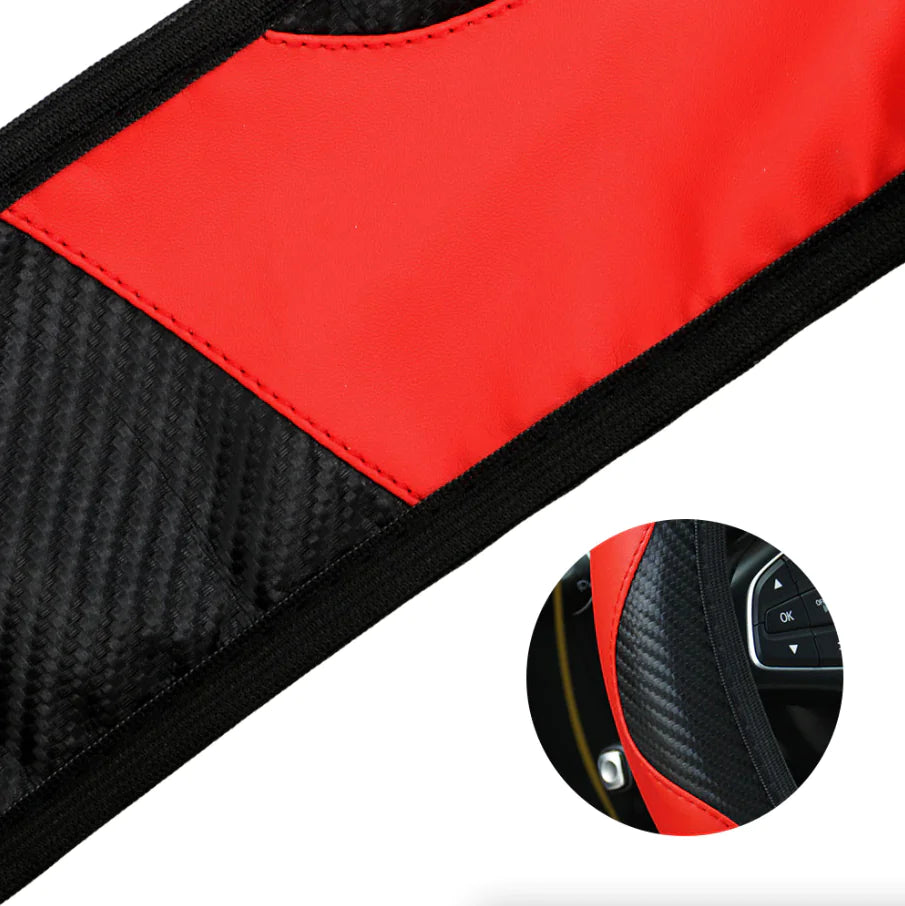 Car Steering Wheel Cover Red Black Leather Anti-slip For 15"/38cm Carbon Fiber