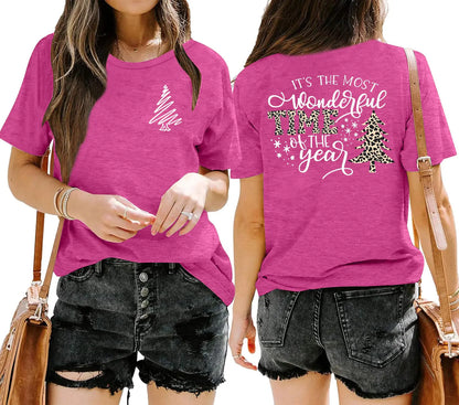 QAUN Christmas Shirt Women: Christmas Tree Tshirt Xmas Bufflo Plaid Tees Holiday T Shirt Xmas Gift Tops(Pink Small)
