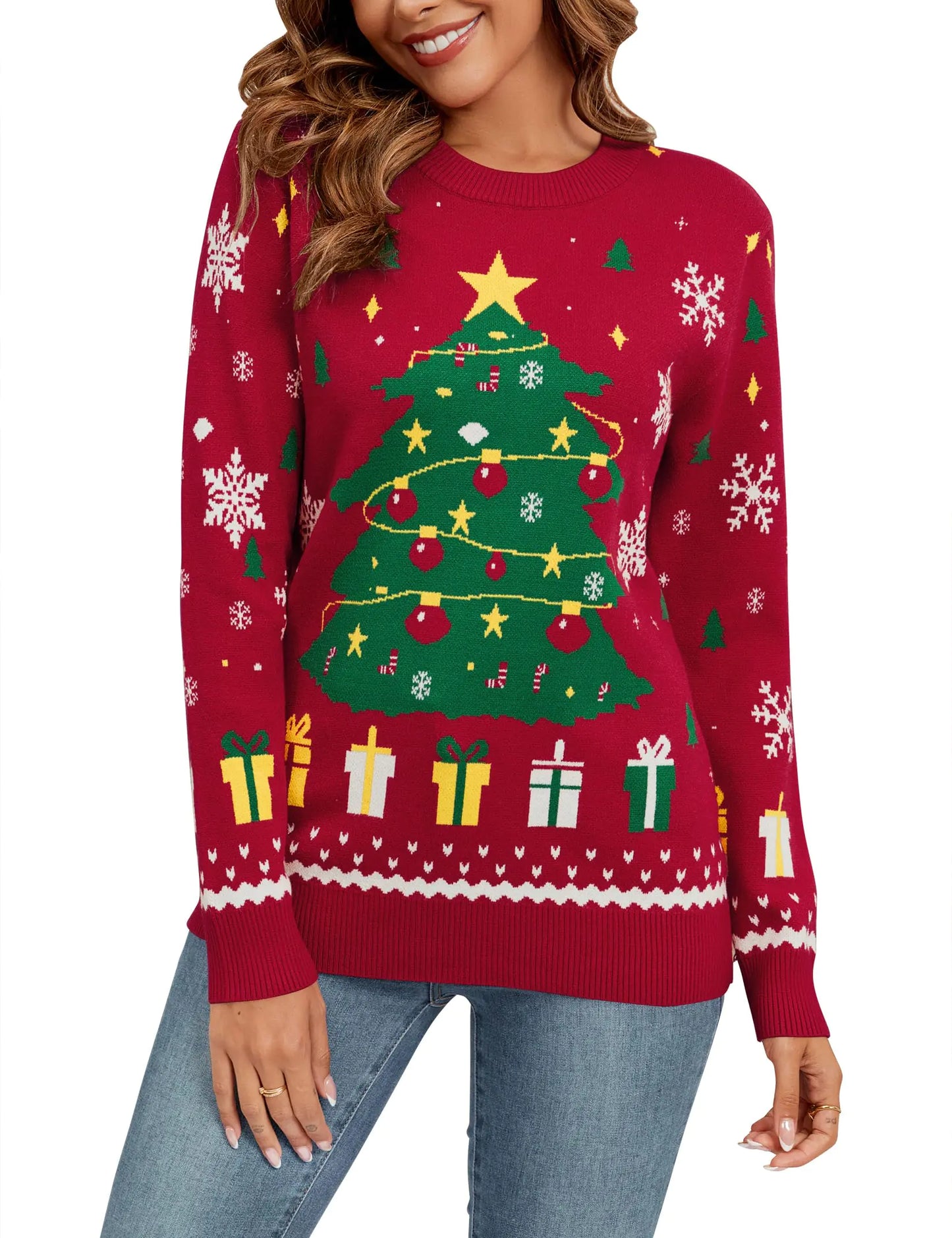 Christmas Sweaters for Women 2024 Trendy Christmas Tree Sweater Funny Christmas Sweater Long Sleeve Santa Holiday Vacation Sweaters Fall Red Sweater