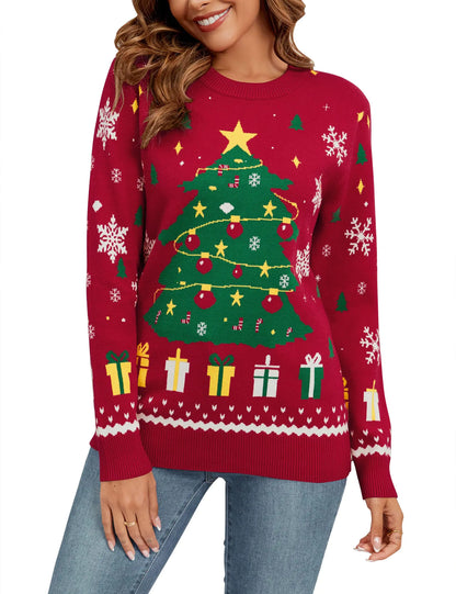 Christmas Sweaters for Women 2024 Trendy Christmas Tree Sweater Funny Christmas Sweater Long Sleeve Santa Holiday Vacation Sweaters Fall Red Sweater