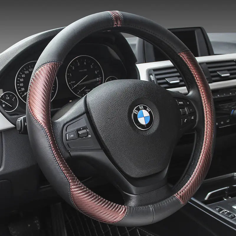 Genuine Leather Steering Wheel Cover - Carbon Fiber Design