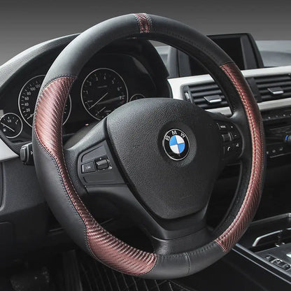Genuine Leather Steering Wheel Cover - Carbon Fiber Design