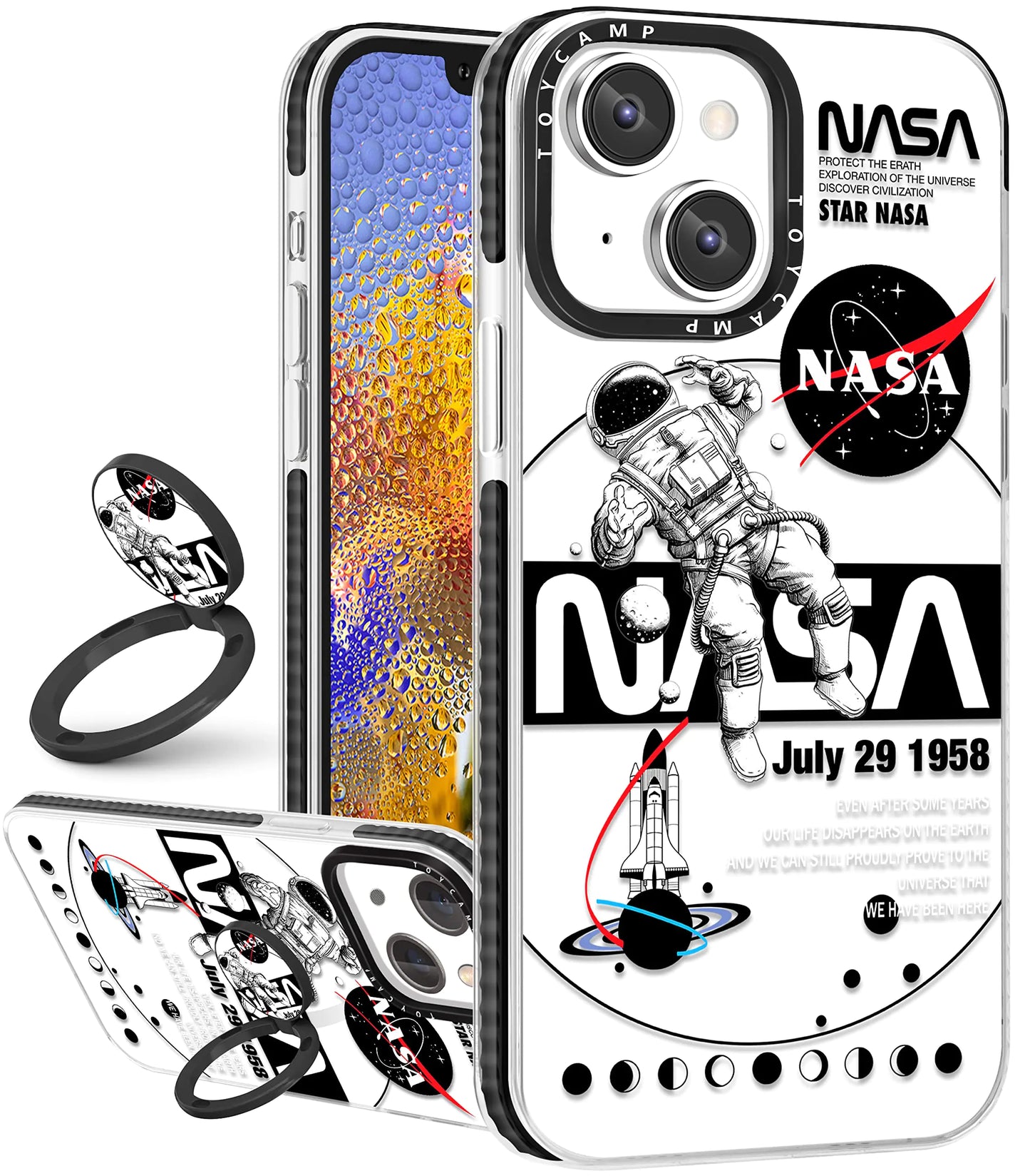iPhone 13 Case Astronaut Space Cute Cartoon Design for Men Boys Girls Teens Cool Cosmonaut Print Clear Case with Ring Kickstand Cover for iPhone 13 (6.1 inch)