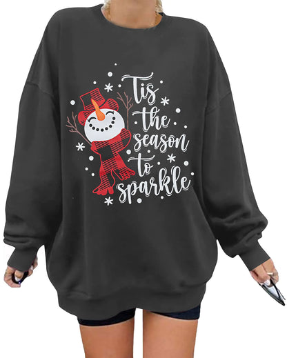 Christmas Sweatshirt For Women Tis The Season To Sparkle Shirt Snowman Tees Oversized Christmas Long Sleeve Grey