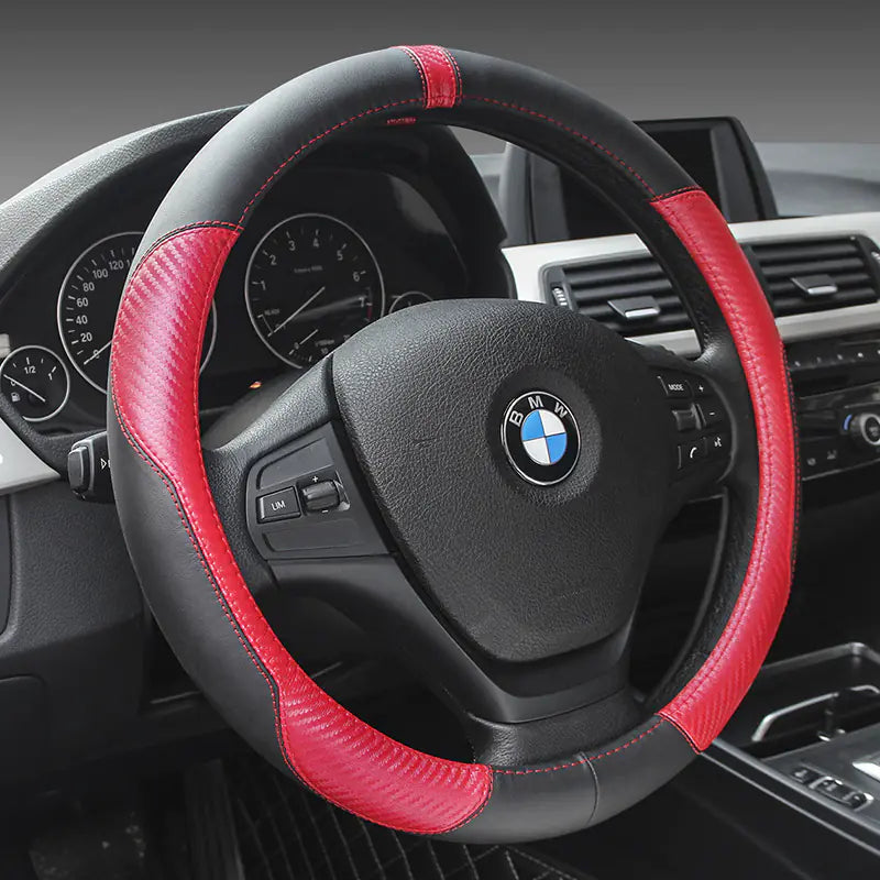 Genuine Leather Steering Wheel Cover - Carbon Fiber Design