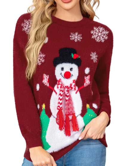 Christmas Sweaters for Women: Funny Santa Christmas Tree Graphic Long Sleeve Tops Ugly Xmas Pullover WineRed