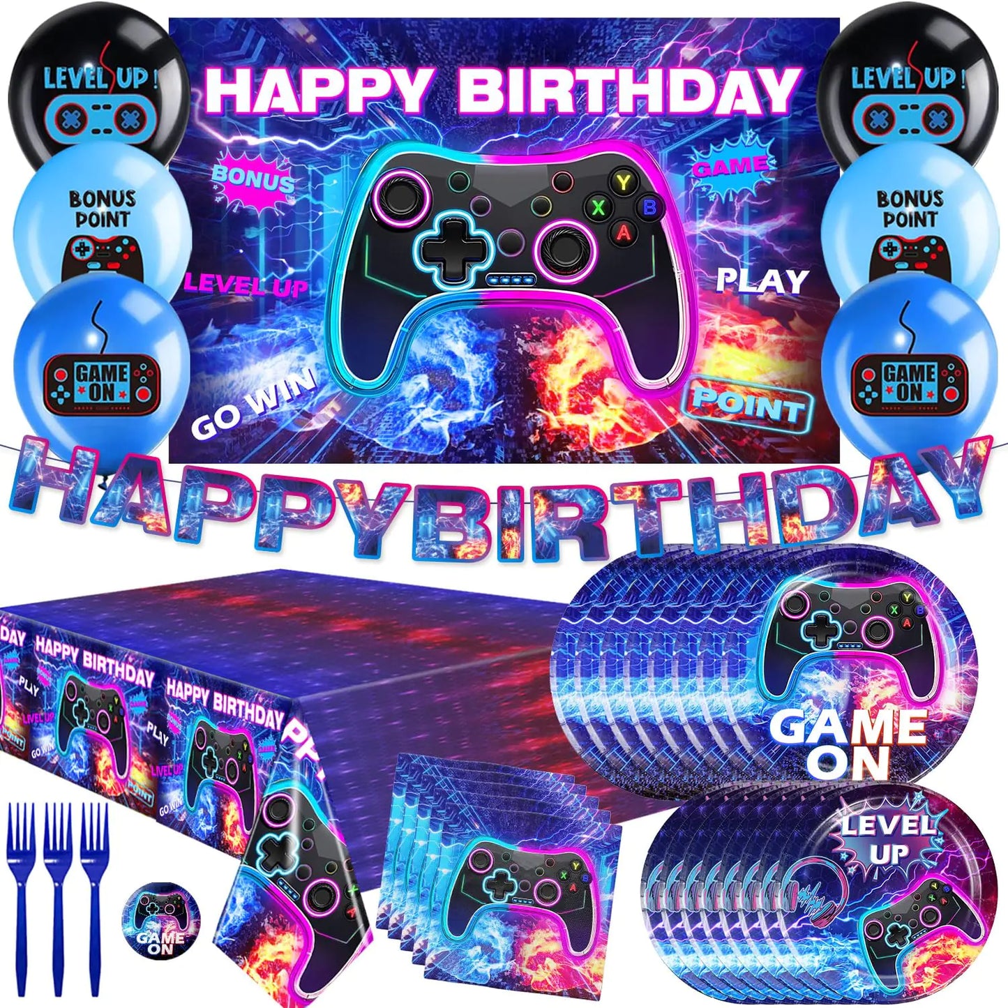 Cocomigo 116pcs Video Game Birthday Decorations for Boys Gamer Birthday Party Decorations Include Video Game Backdrop Plates Balloons Gamer Birthday Banner Video Game Party Decorations Serves 25