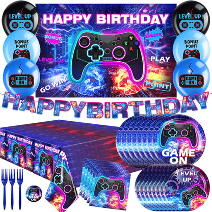 Cocomigo 116pcs Video Game Birthday Decorations for Boys Gamer Birthday Party Decorations Include Video Game Backdrop Plates Balloons Gamer Birthday Banner Video Game Party Decorations Serves 25