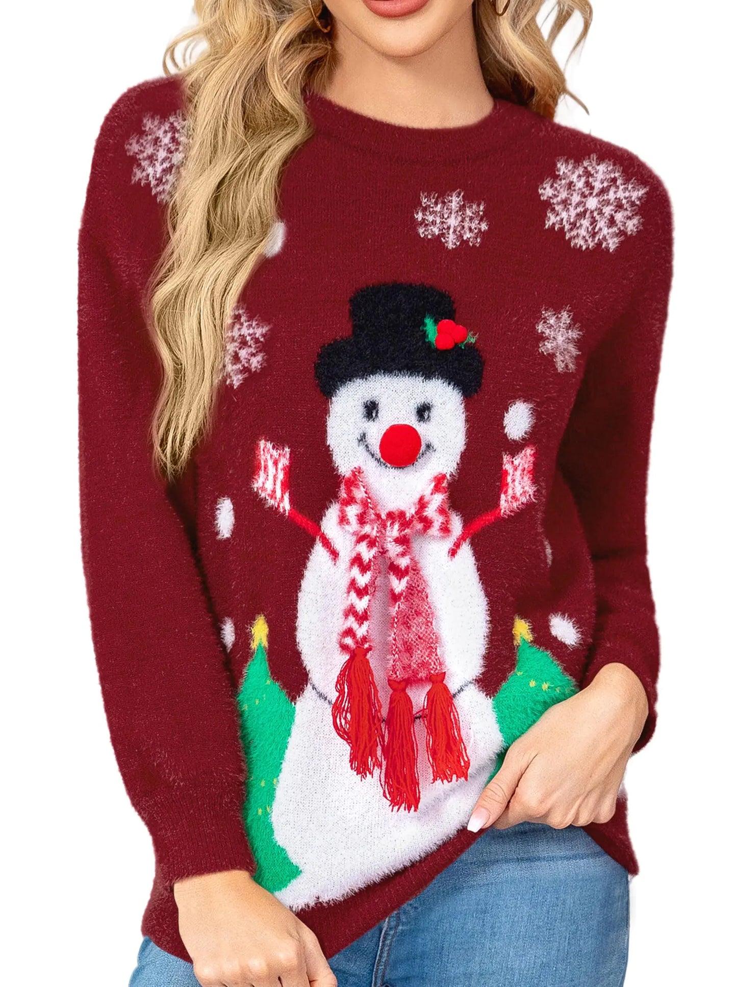 Christmas Sweaters for Women: Funny Santa Christmas Tree Graphic Long Sleeve Tops Ugly Xmas Pullover WineRed