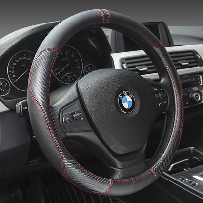Genuine Leather Steering Wheel Cover - Carbon Fiber Design
