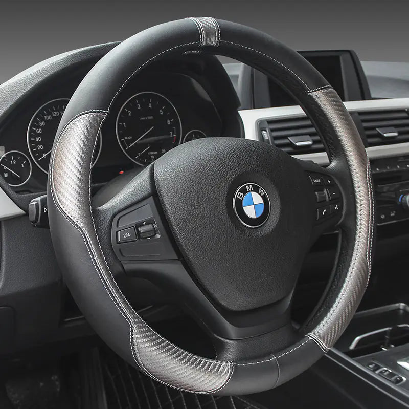 Genuine Leather Steering Wheel Cover - Carbon Fiber Design