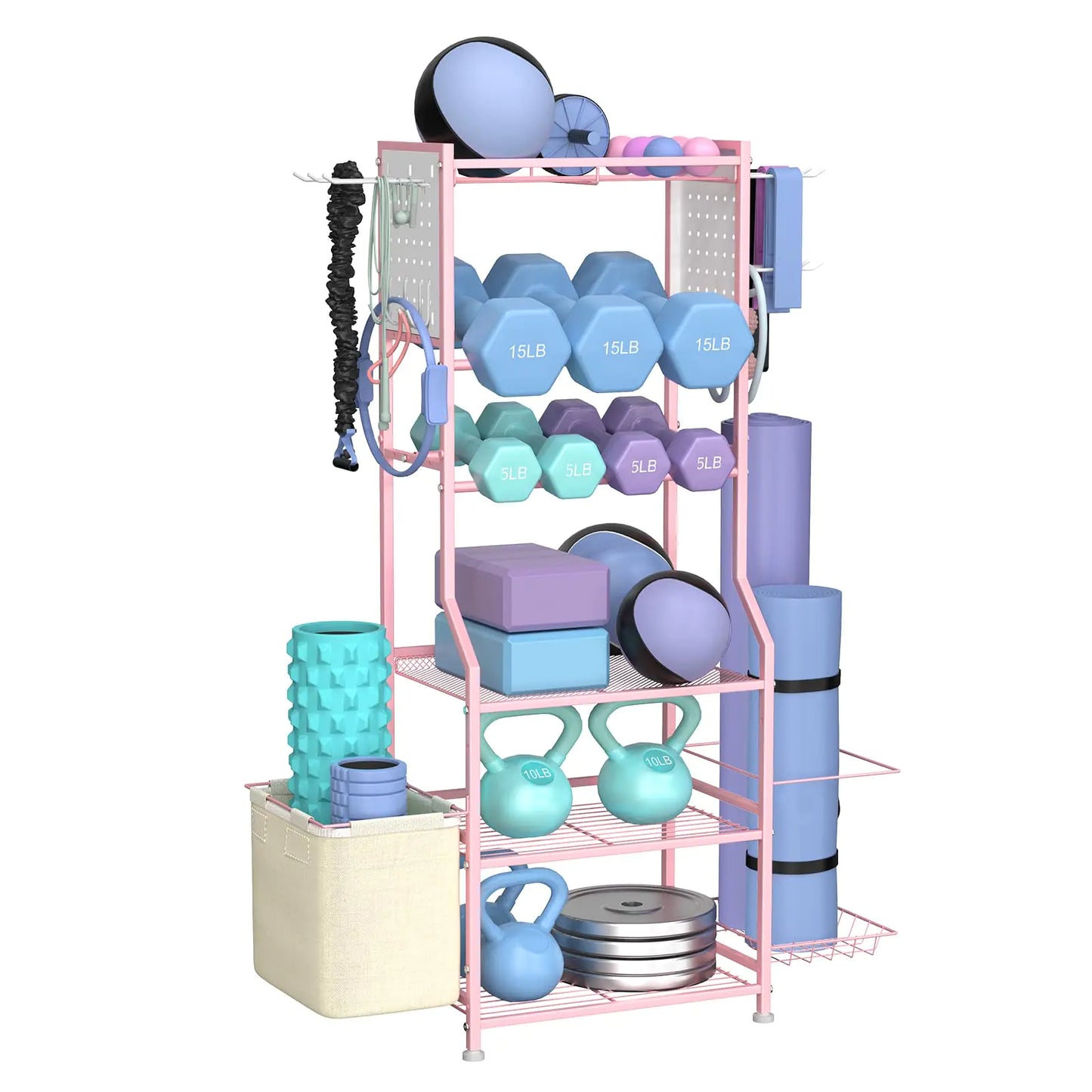 Dumbbell Rack Home Gym Storage for Dumbbells Kettlebells Yoga Mat & Strength Training Equipments Weight Rack with Peg Board Organizer Workout Storage Gym Organizer Gym Equipment Storage (Pink)